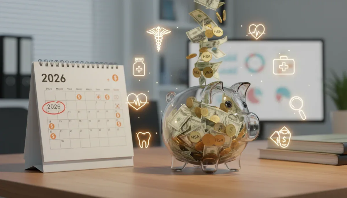 Money flowing into HSA piggy bank with medical symbols for 2026 savings