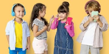 Happiness group of cute and adorable children listening music