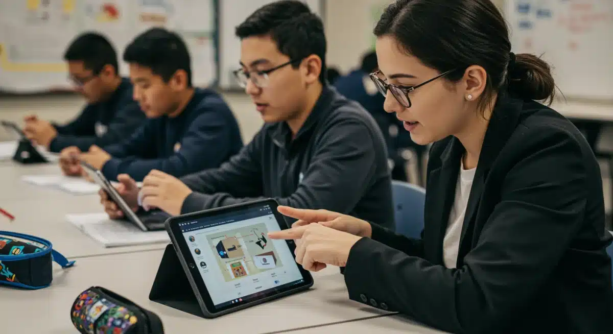Teacher guiding student with adaptive learning platform on tablet