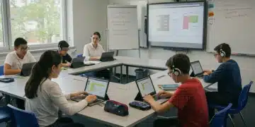 Students using various tech tools for differentiated learning in a modern classroom