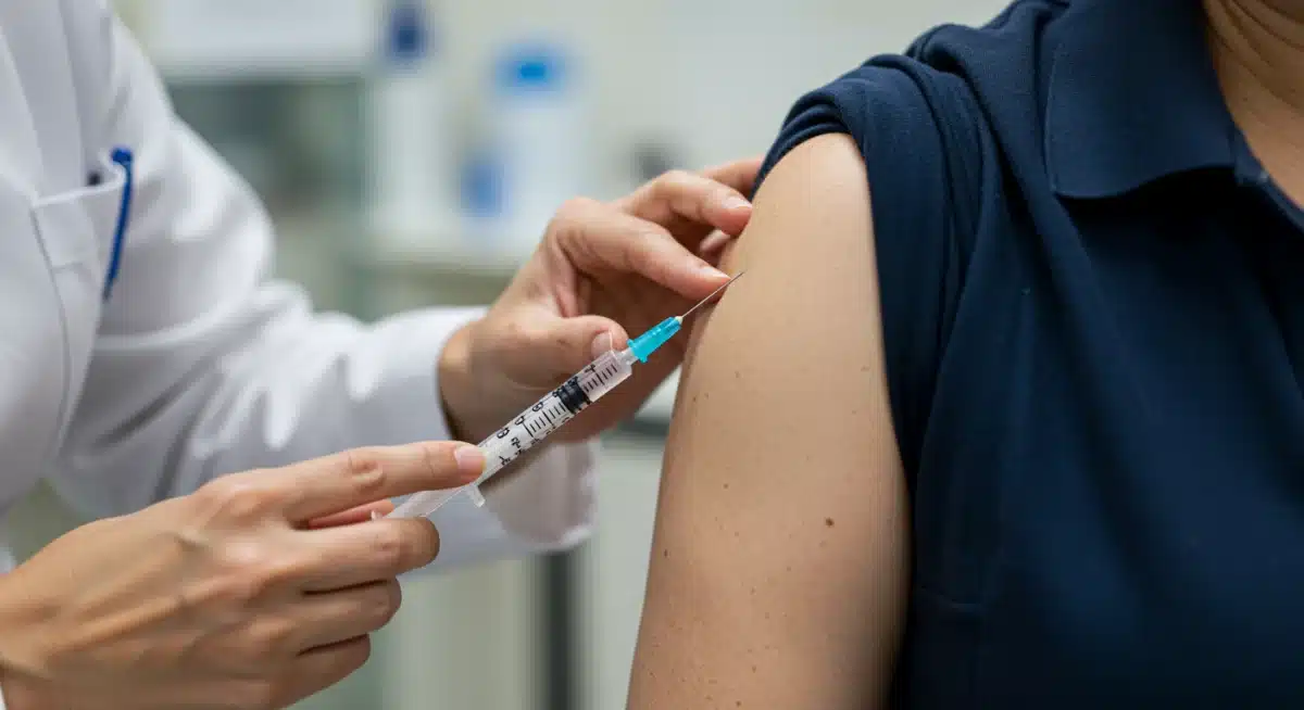 Healthcare professional administering vaccine to adult patient