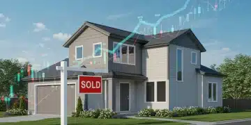 Modern house with 'Sold' sign, digital overlays of interest rates, and market trends.