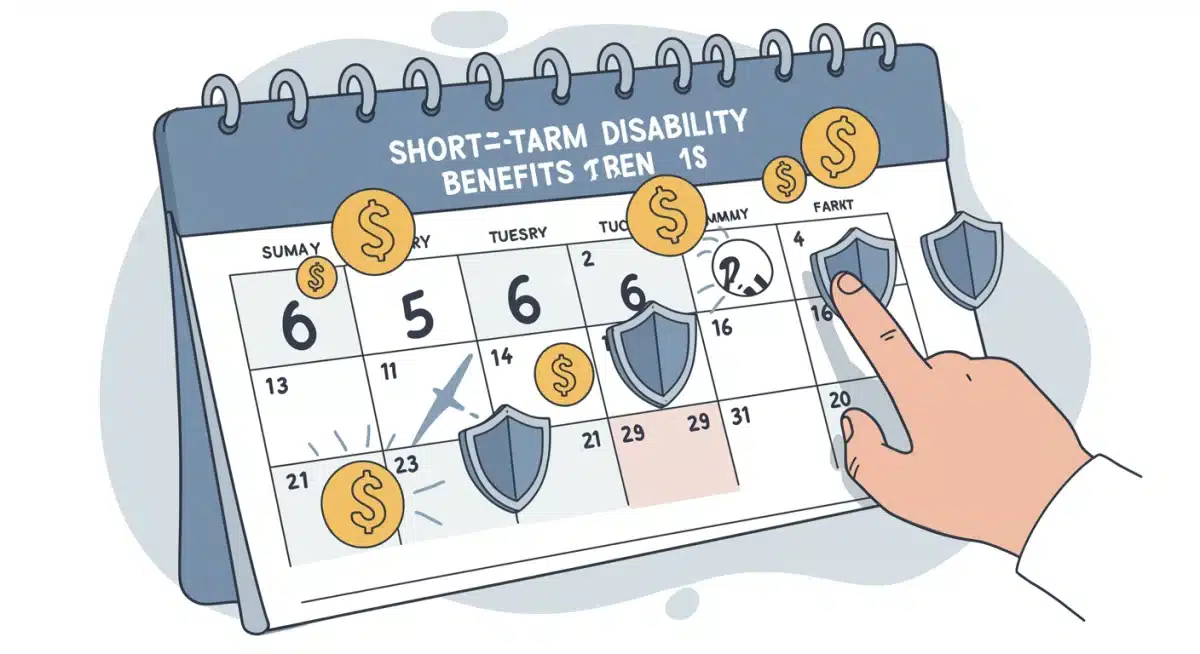 Calendar highlighting a six-month period for short-term disability benefits with income protection symbols.