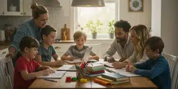 Family homeschooling together at a kitchen table with educational materials in a modern home, representing the 2025 homeschooling landscape.
