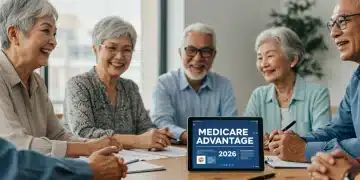 Seniors reviewing 2026 Medicare Advantage plan documents during open enrollment.