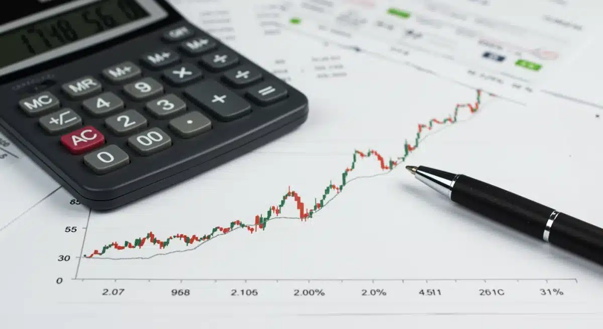 Interest rate chart showing a 5.5% projection, with a calculator and pen for financial planning.