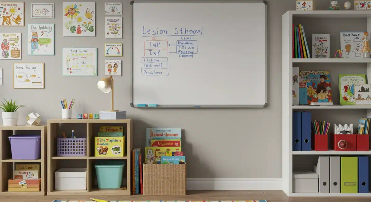 Organized homeschool classroom with whiteboard and educational resources, illustrating effective learning environments.
