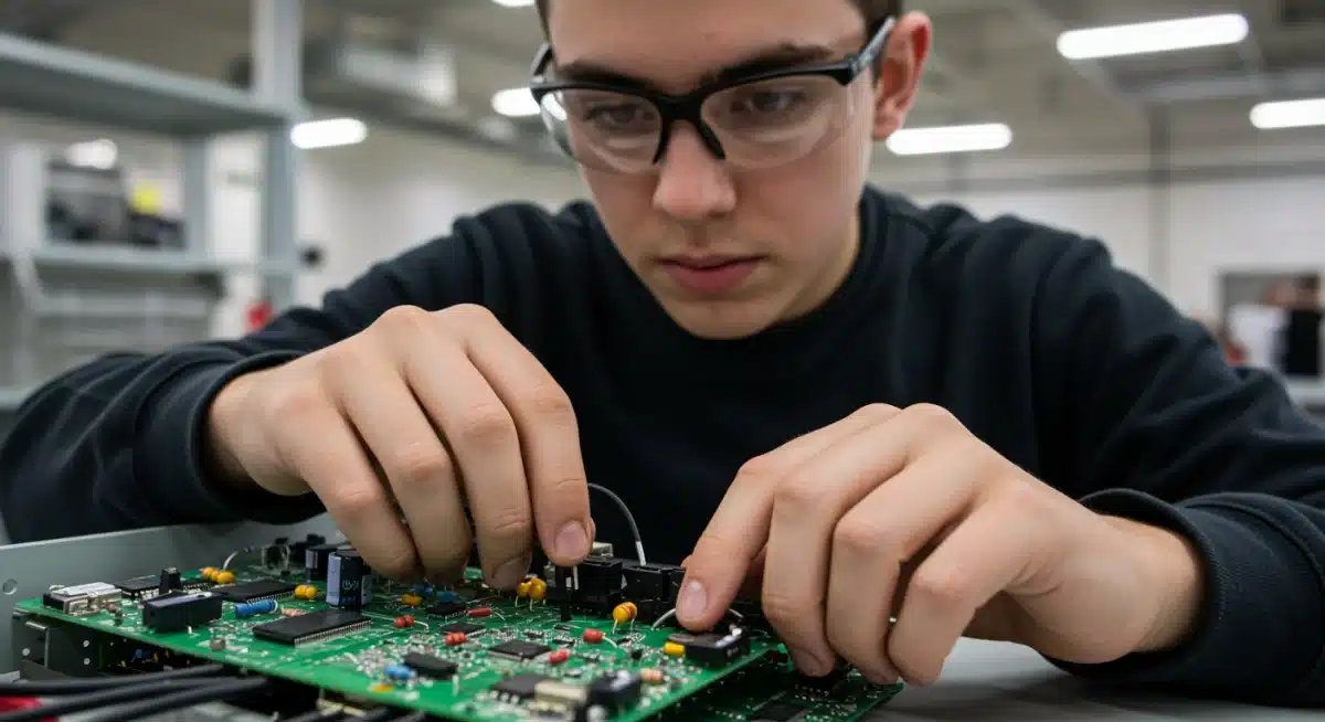 Student working on an electrical circuit board in a vocational training lab.