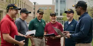 Veterans discussing education benefits on a modern college campus