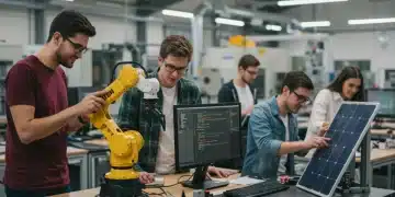 Diverse students learning in a modern vocational training center, focusing on robotics, coding, and green energy.