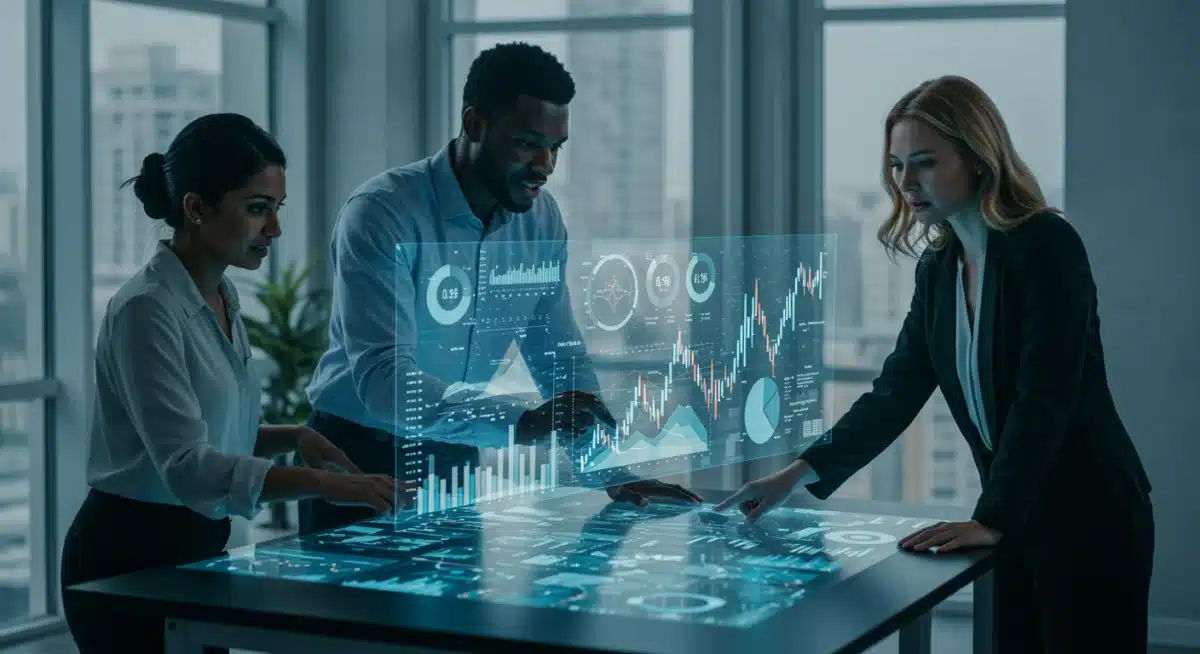 Business team analyzing economic data and future projections.