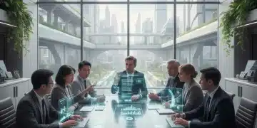 Professionals analyzing future employee benefit trends on digital screens