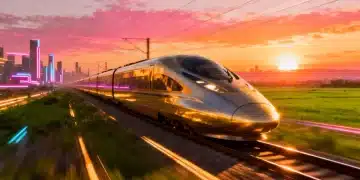High-speed train speeding through a modern landscape, symbolizing future transportation