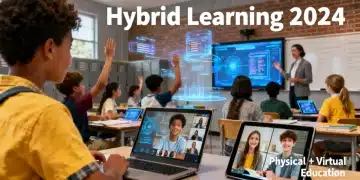 Diverse students in a dynamic hybrid learning environment, combining in-person and remote digital engagement.