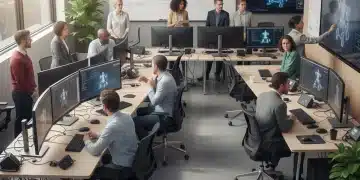 Adults learning robotics and AI in a modern training center