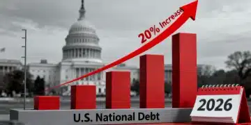 Graph showing rising US national debt towards 2026, with a 20% increase forecast and impact on interest rates.
