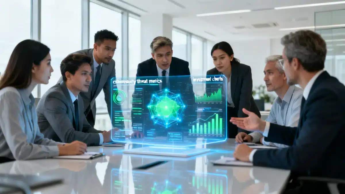 Business professionals analyzing cybersecurity investment strategies