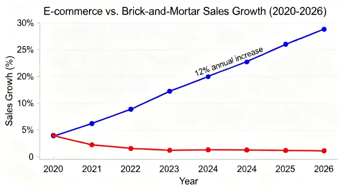 Graph illustrating the projected 12% annual growth of e-commerce compared to brick-and-mortar sales trends through 2026.
