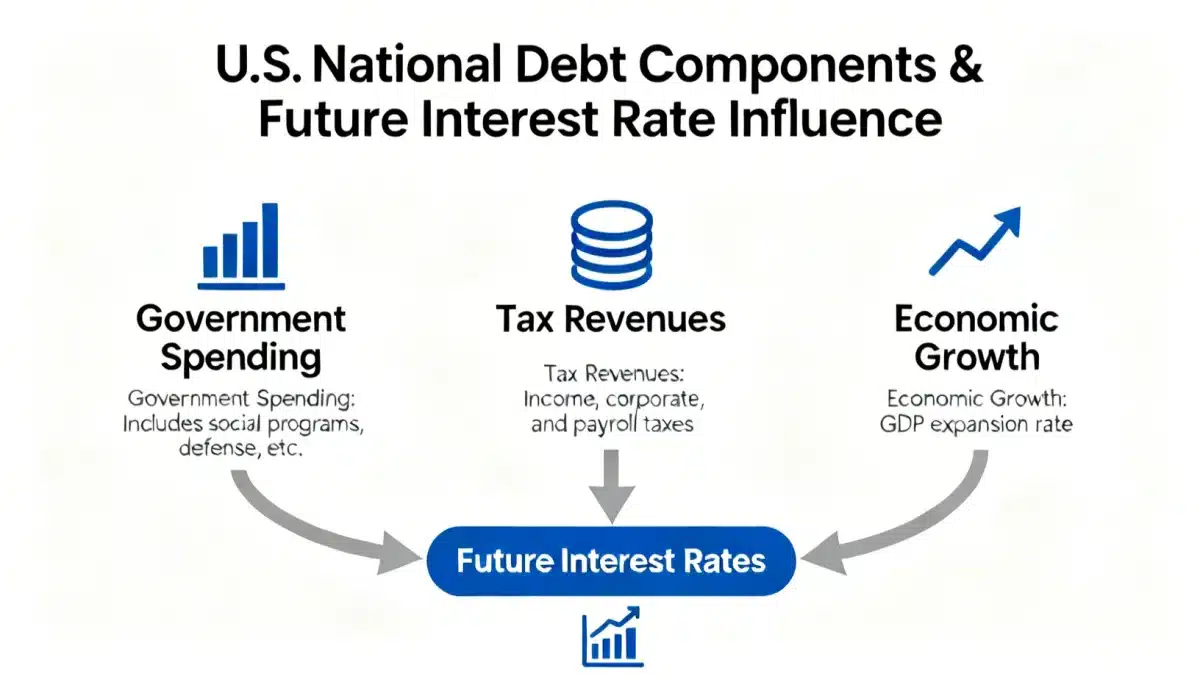 Infographic detailing components of US national debt and their influence on interest rates.