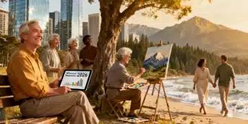 Happy retirees enjoying diverse activities, symbolizing secure financial planning in 2026.