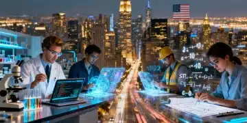 Diverse professionals engaged in STEM fields, representing innovation and economic development.