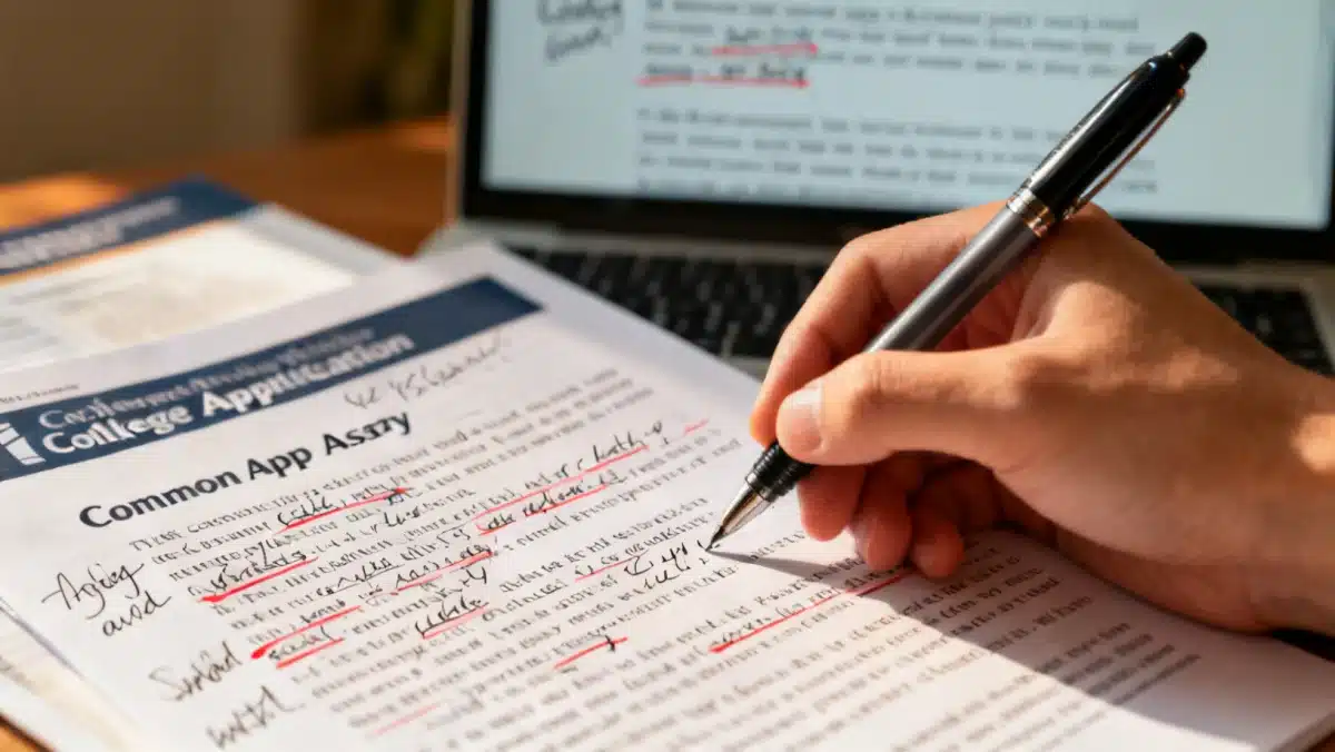 Hand analyzing Common App essay prompt with pen and notes