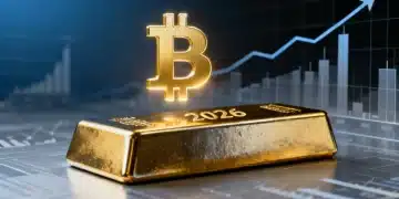 Gold bar next to a Bitcoin logo, representing a digital and traditional asset comparison for 2026 investment.