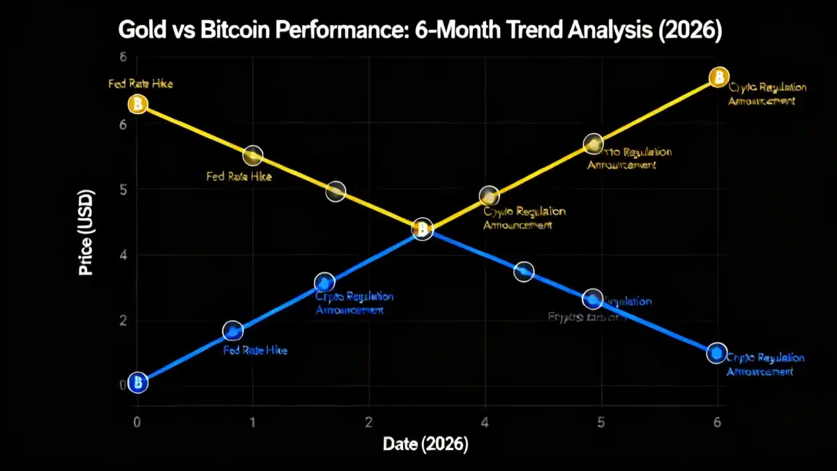 Performance chart comparing 6-month returns of gold and Bitcoin in 2026.