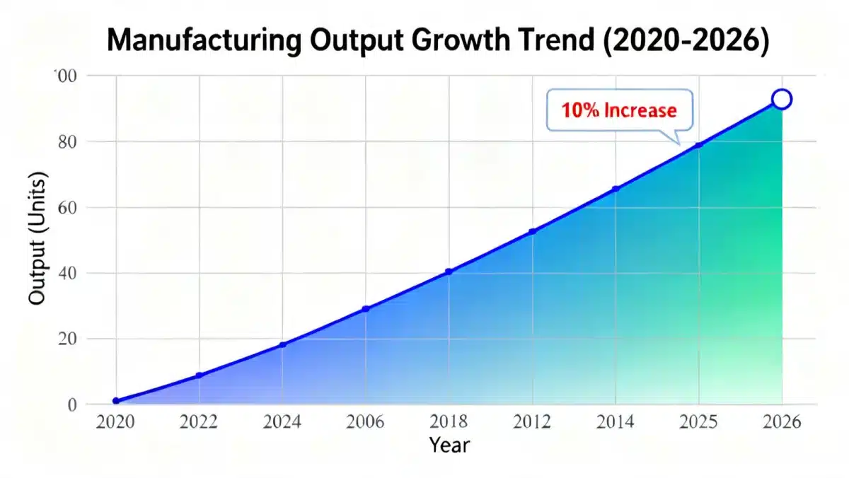 Graph illustrating a significant 10% increase in domestic manufacturing output by 2026, showing positive economic trend.