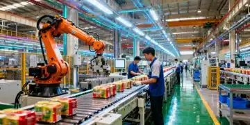 Modern factory floor with robots and workers, representing a thriving manufacturing sector and domestic production growth.