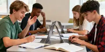 Students writing Common App essays, collaborating on college applications