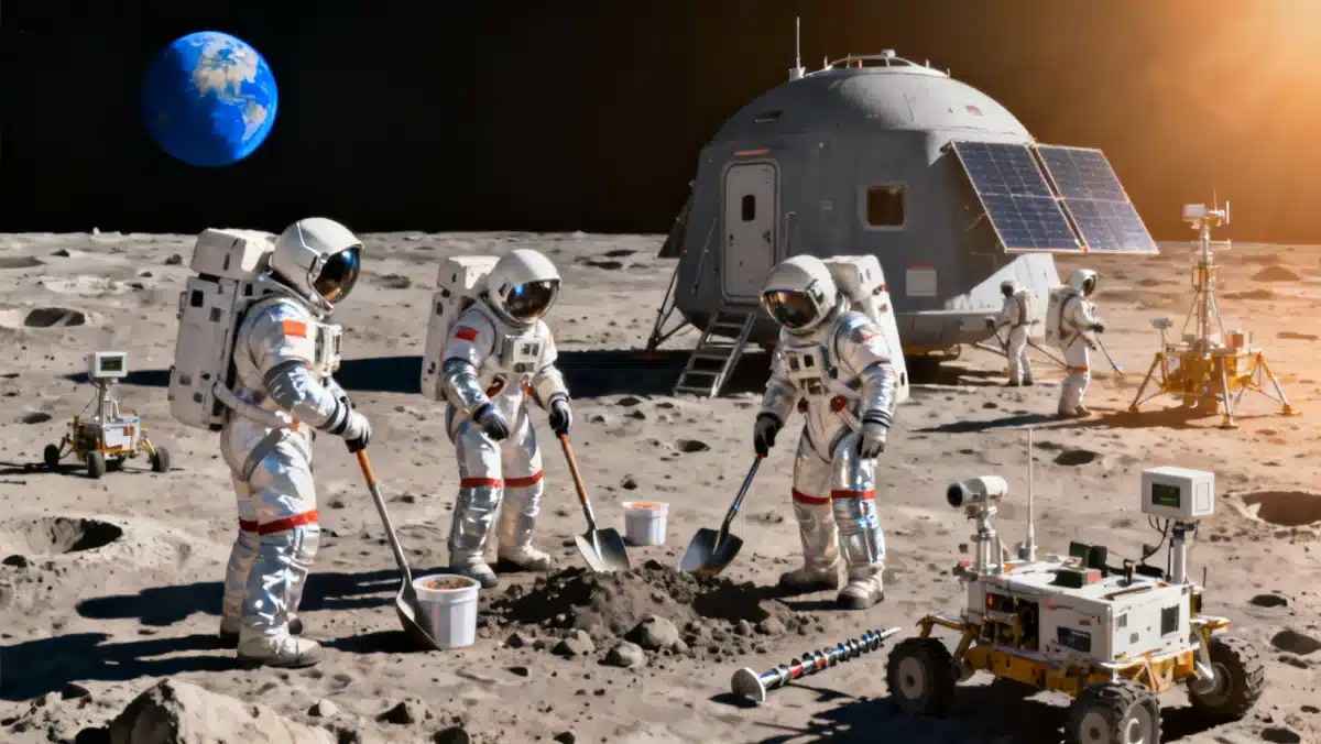 Astronauts collecting lunar samples near habitat, highlighting research from NASA's 2026 budget.