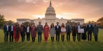 Diverse group of people standing hopefully before U.S. Capitol, representing immigration reform aspirations.