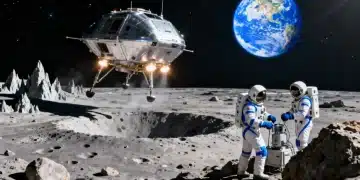Futuristic NASA lunar lander on moon surface with Earth in background, symbolizing 2026 budget impact.