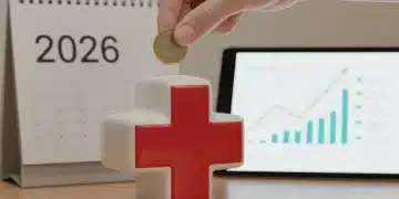 Hand putting coins into a medical cross piggy bank, representing 2026 HSA savings.