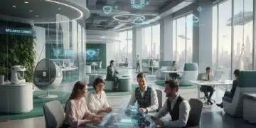 Modern office scene with diverse employees enjoying innovative workplace benefits in 2026.
