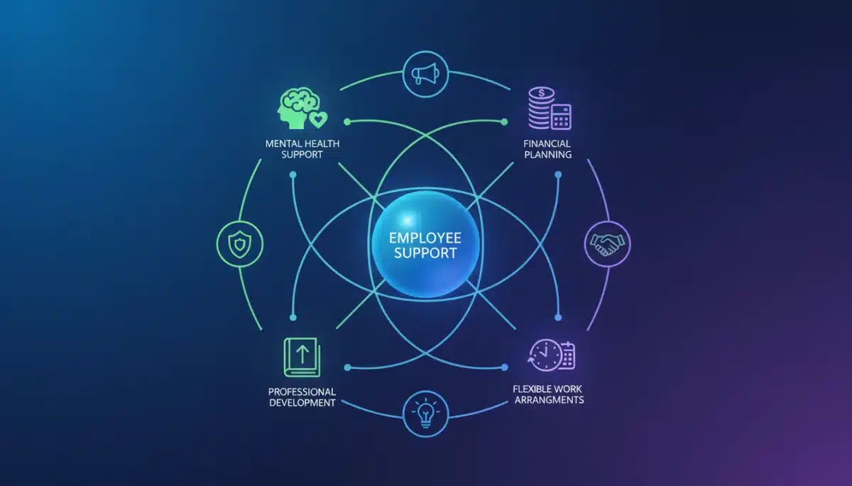 Comprehensive employee well-being network with icons for mental health, finance, and professional growth.
