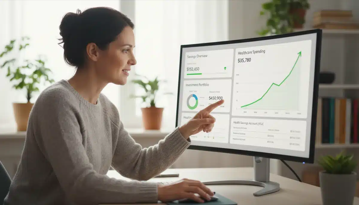 Digital financial dashboard showing HSA growth and healthcare expense tracking.