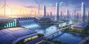 Illustration of integrated renewable energy sources transforming a city skyline, symbolizing progress and sustainability.
