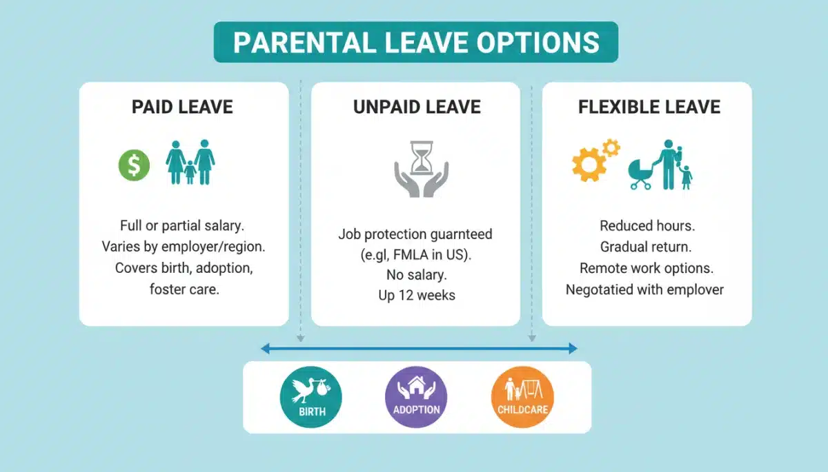 Infographic showing various parental leave types and options for employees.