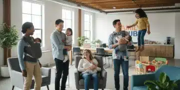 Parents with babies and toddlers in a modern, family-friendly office environment.