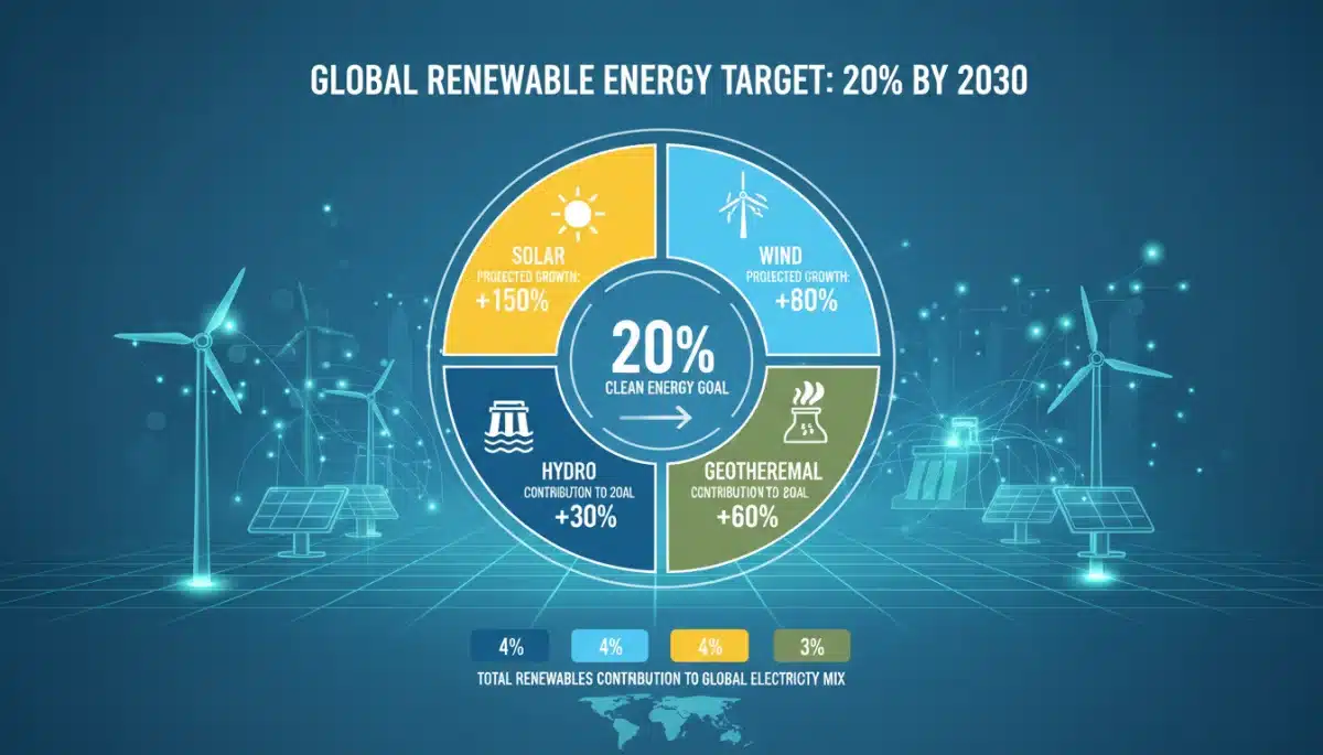 Infographic detailing projected growth and contributions of various renewable energy sources towards the 2030 target.