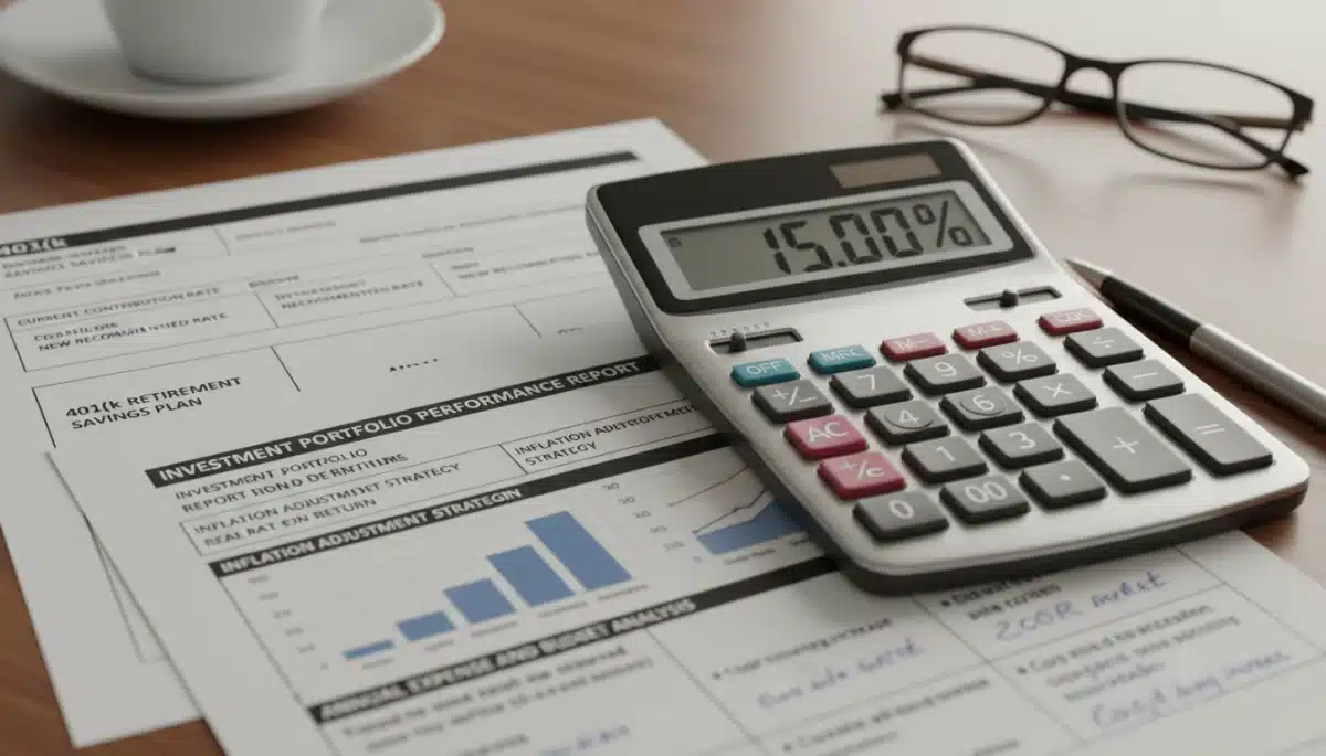 Calculator and financial documents illustrating 401(k) adjustments for 15% inflation.