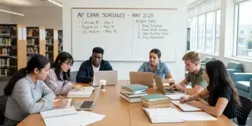 Students collaboratively studying for AP exams in a library
