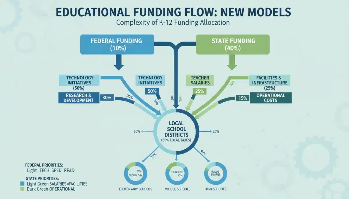 Infographic showing the complex flow of educational funding from federal to local levels.