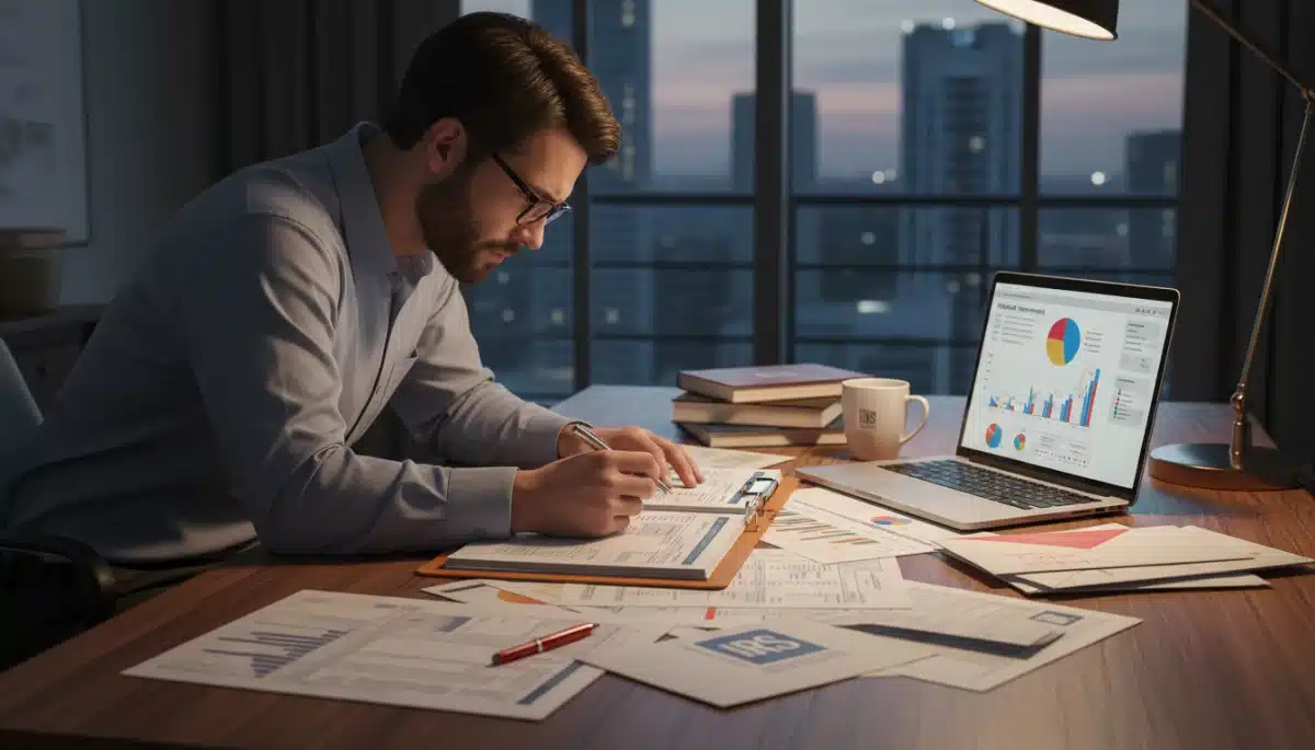 Investor reviewing financial documents and laptop for tax preparation.