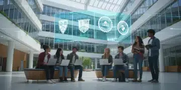Students researching online degree accreditation in 2026 with holographic display
