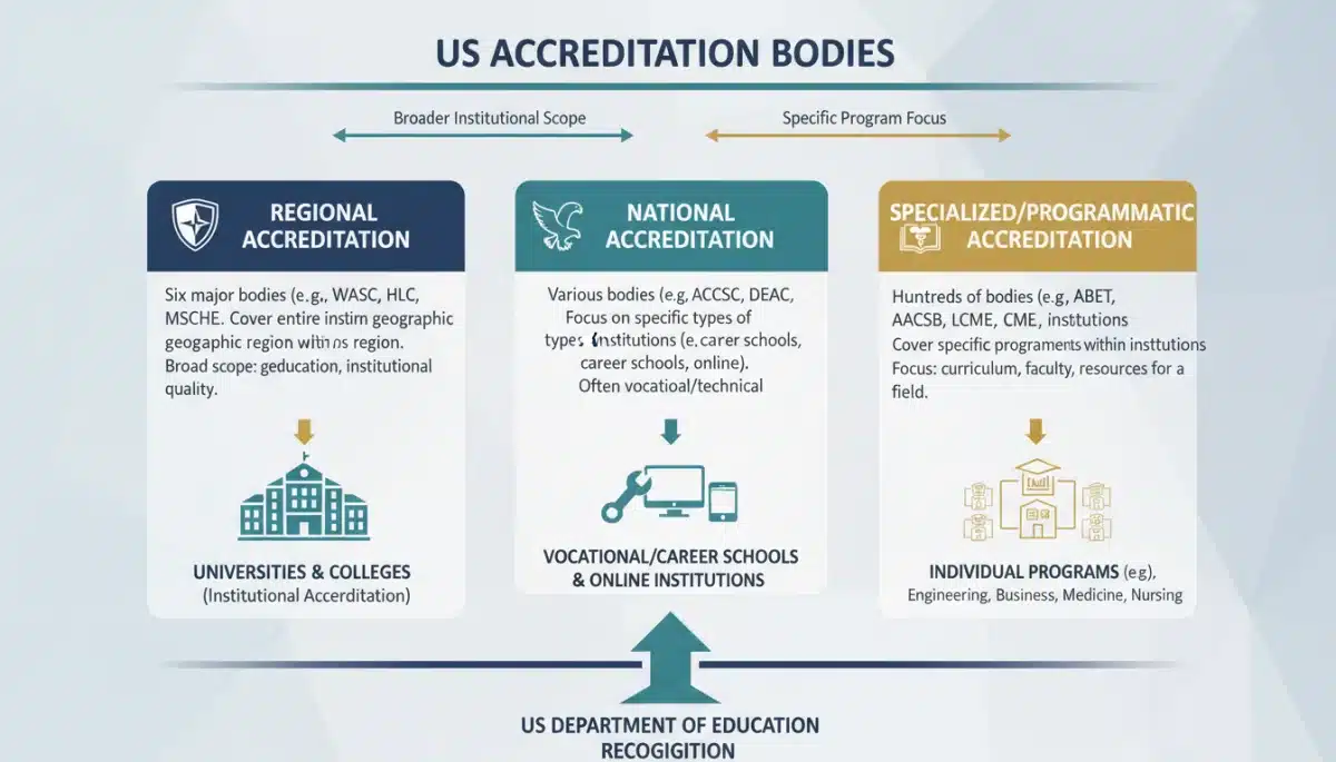 Infographic explaining US accreditation body types and their scope