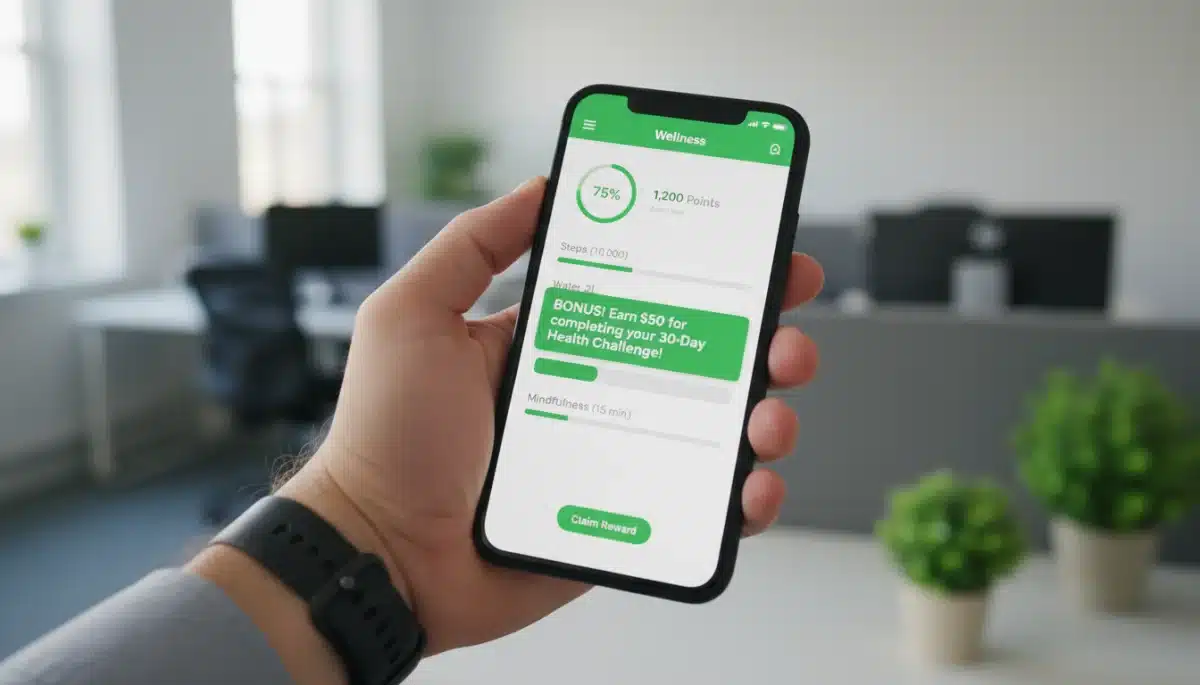 Employee tracking wellness program progress on a smartphone app for incentives