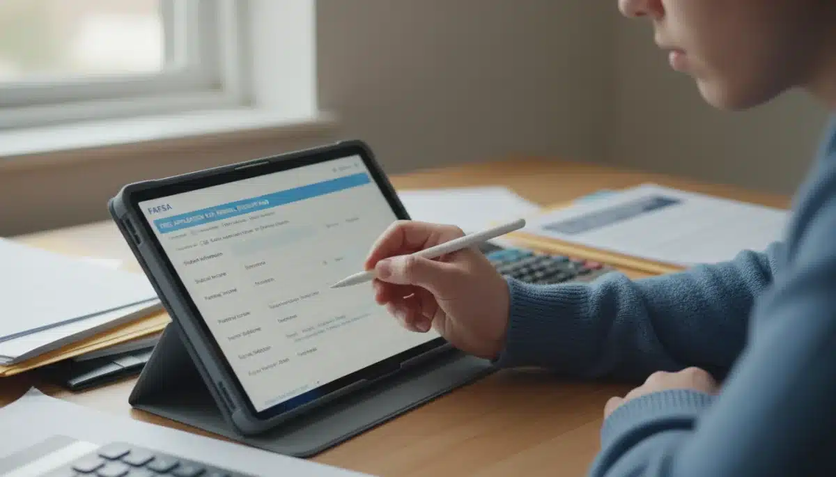 Student filling out FAFSA form on tablet for financial aid application